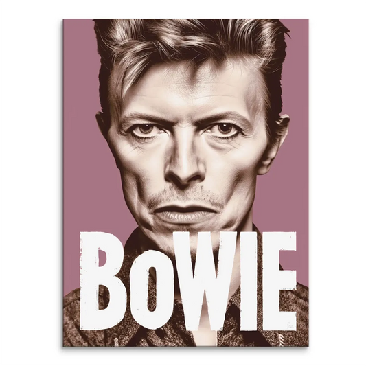 Close-up canvas portrait of David Bowie with pale complexion, lighter hair, a textured dark jacket, and bold white BOWIE text at the bottom on a dusty rose background.