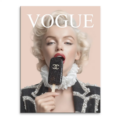 Pop Art canvas portrait of Marilyn Monroe with blonde curls and red lips on a peach background
