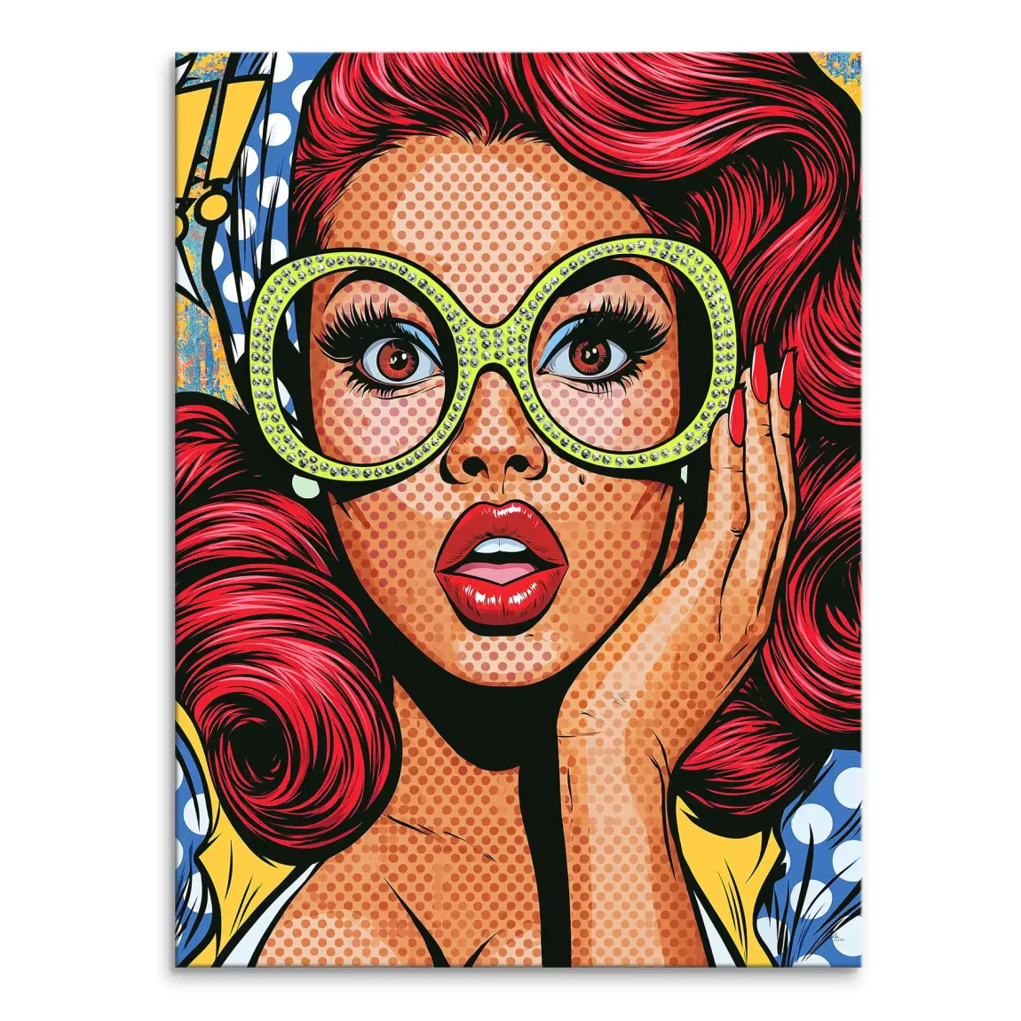 Glamorous woman with fiery red hair and bold red lips in bold Pop Art style canvas