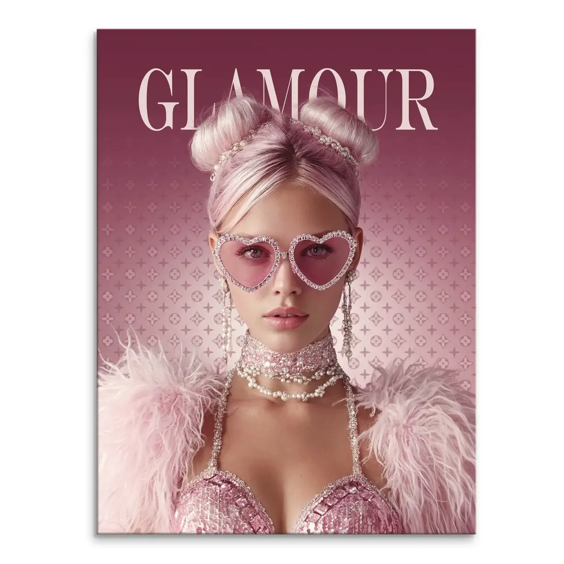 Glamour Lady canvas portrait with pink hair and heart-shaped jeweled sunglasses