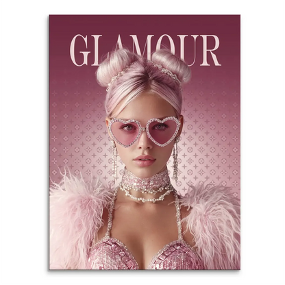 Glamour Lady canvas portrait with pink hair and heart-shaped jeweled sunglasses