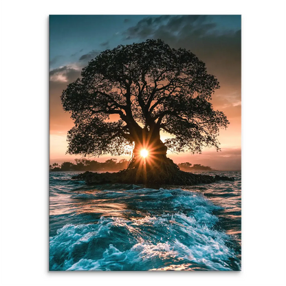 Silhouetted ancient tree at sunset over a calm ocean