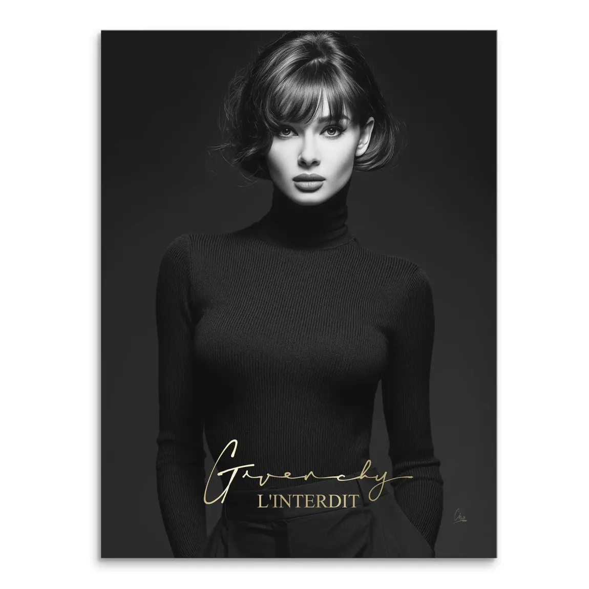 Black-and-white portrait of a stylish woman with a chic bob wearing a black ribbed turtleneck