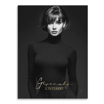 Black-and-white portrait of a stylish woman with a chic bob wearing a black ribbed turtleneck
