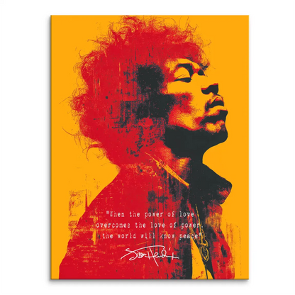 Electric Soul Hendrix canvas print in pop art style with Jimi Hendrix in profile against a vibrant yellow-orange background