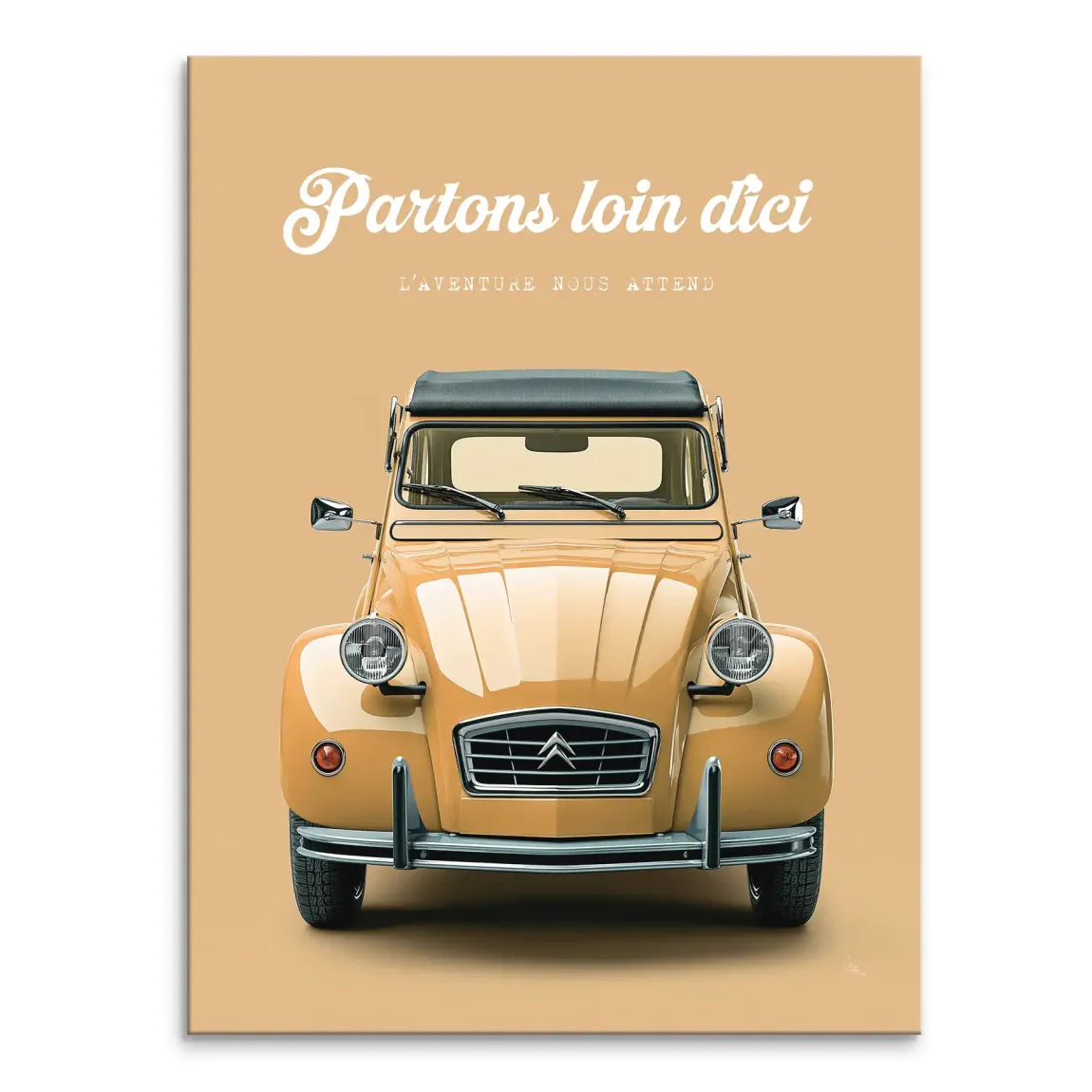 Front view of a light-yellow Citroen 2CV with black soft top against a warm beige background in vintage travel poster style