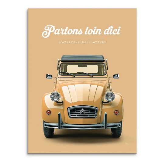 Front view of a light-yellow Citroen 2CV with black soft top against a warm beige background in vintage travel poster style