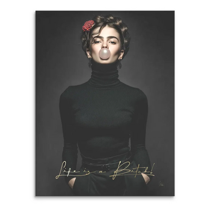 Frida Kahlo Rebel canvas art: full-body portrait in black turtleneck with red flower in braided hair, bubblegum bubble, against a monochrome background with gold Life is a Bitch script