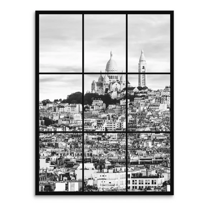 Black-and-white Montmartre Paris canvas with Sacré-Cœur Basilica viewed through a nine-pane window grid