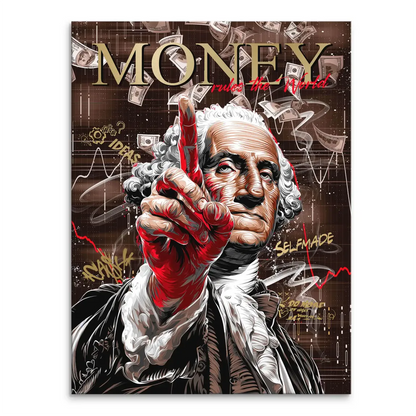 Bold pop art portrait of George Washington on a money-filled backdrop on a canvas wall art