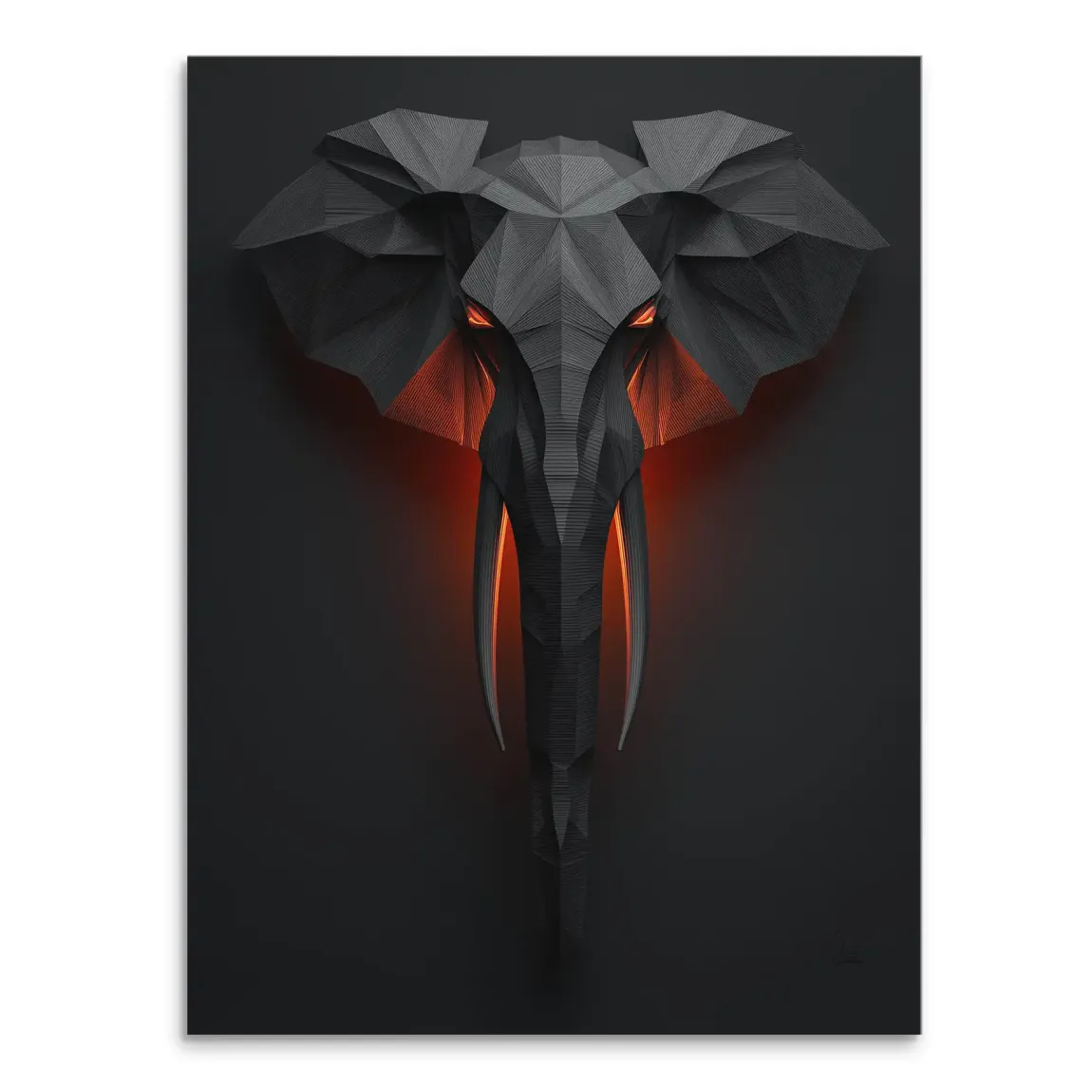 Mystical elephant canvas wall art with geometric low-poly head and orange eyes on dark background