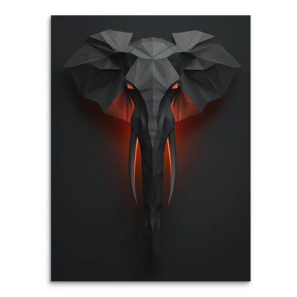 Mystical elephant canvas wall art with geometric low-poly head and orange eyes on dark background