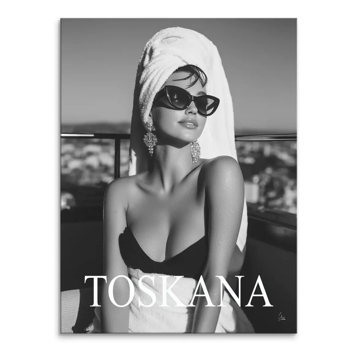 Black-and-white Tuscan Glam Canvas Print featuring a stylish woman on a sunlit balcony