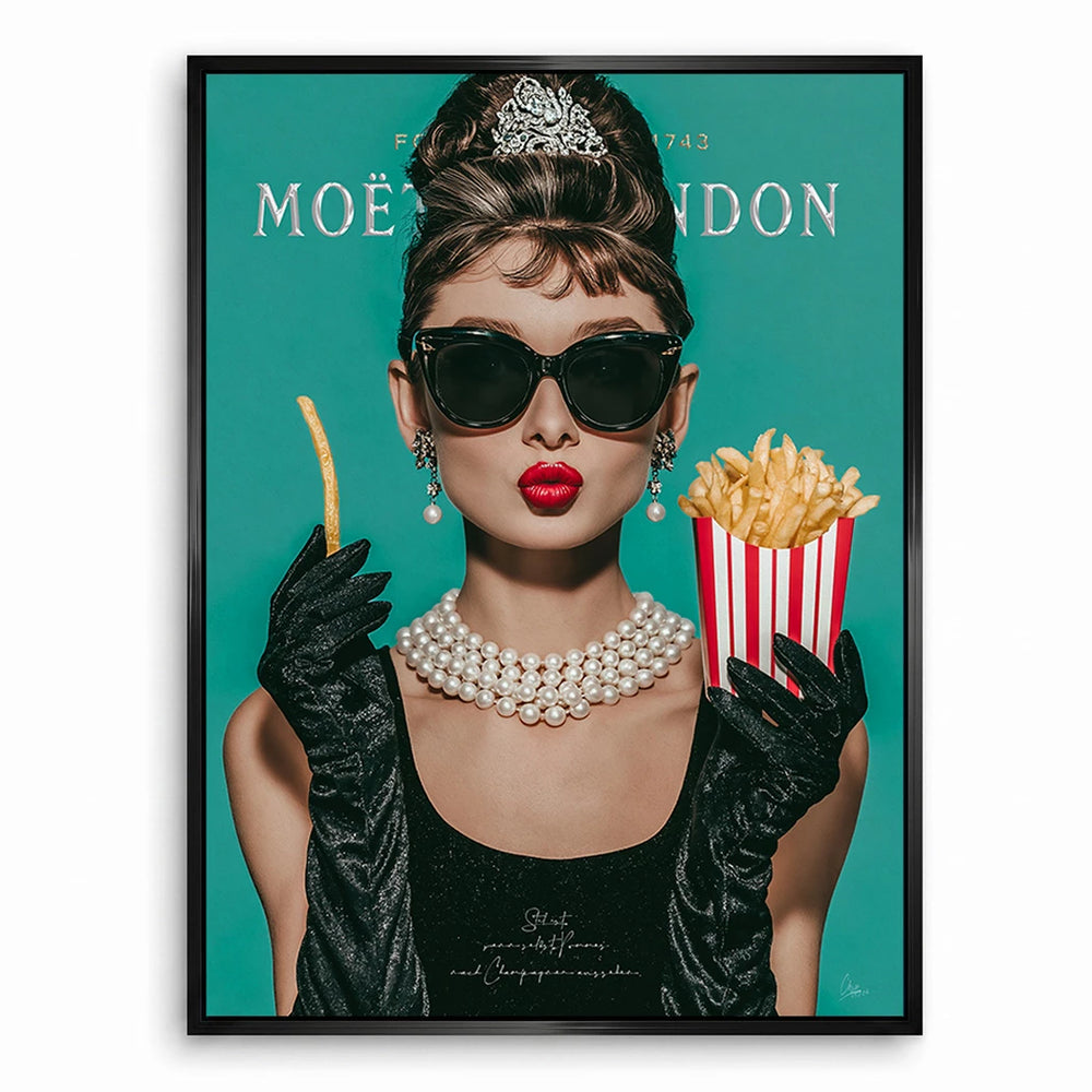 Gallery-wrapped canvas wall decor with chic portrait and food motif.