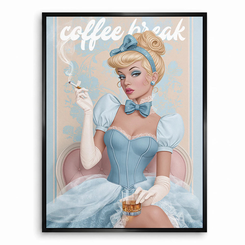 Stylized female portrait on a coffee break in a soft pastel palette.