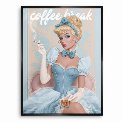 Stylized female portrait on a coffee break in a soft pastel palette.