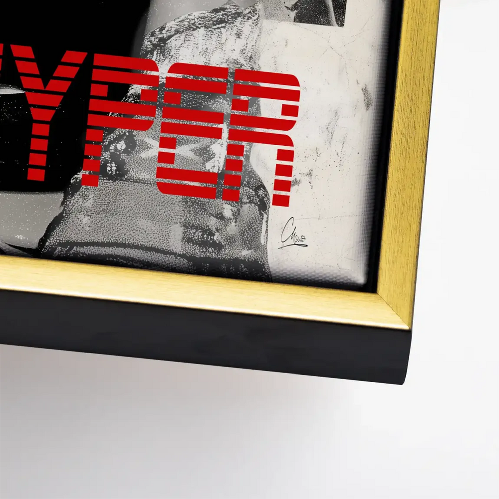 Statement art piece blending monochrome portrait with red blocks as a focal point.