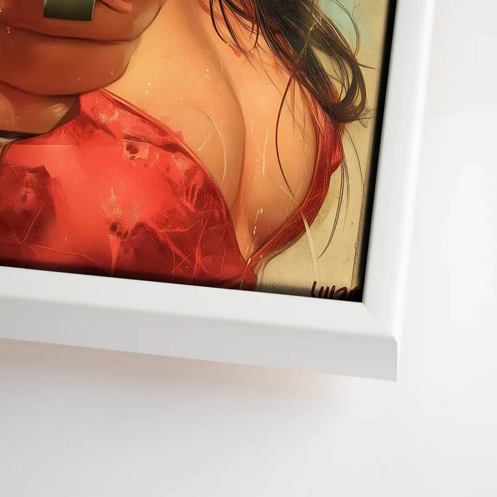 Vibrant red highlights and dramatic lighting make the piece a focal point in contemporary wall art.