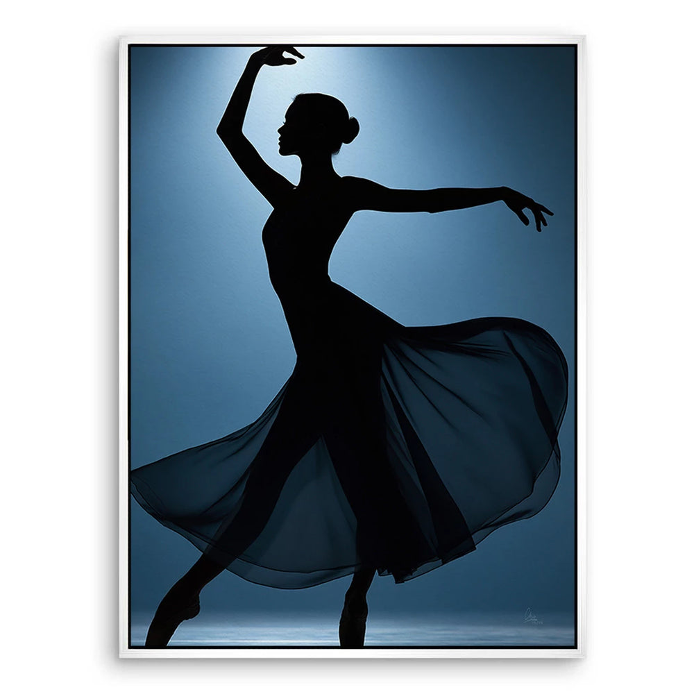 Dancer silhouette accented by cool blue lighting and flowing fabric.