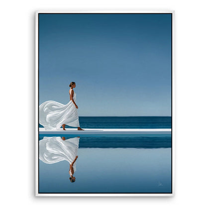 Serene blue horizon print with reflective water, perfect for upscale lounges.
