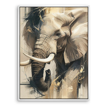 Neutral-toned wildlife canvas art with metallic detailing of a elephant head