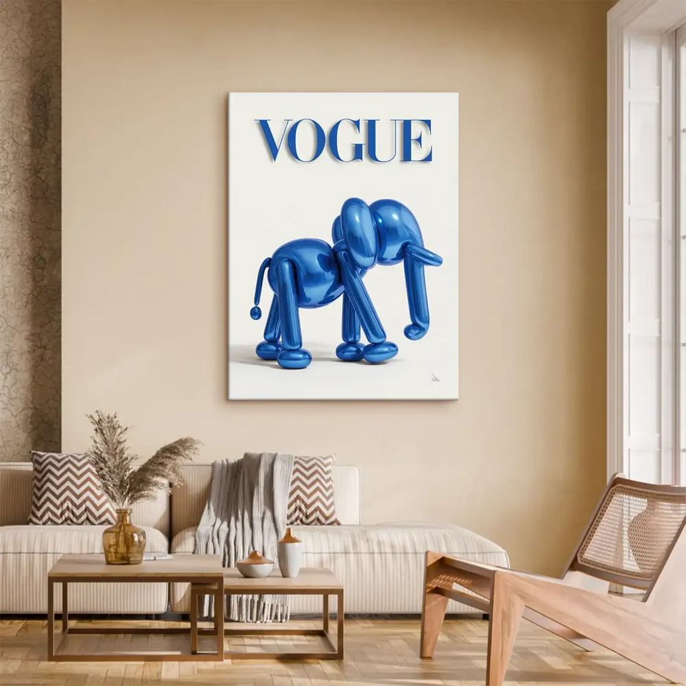 Fashion-inspired canvas featuring Vogue text in blue and elephant motif