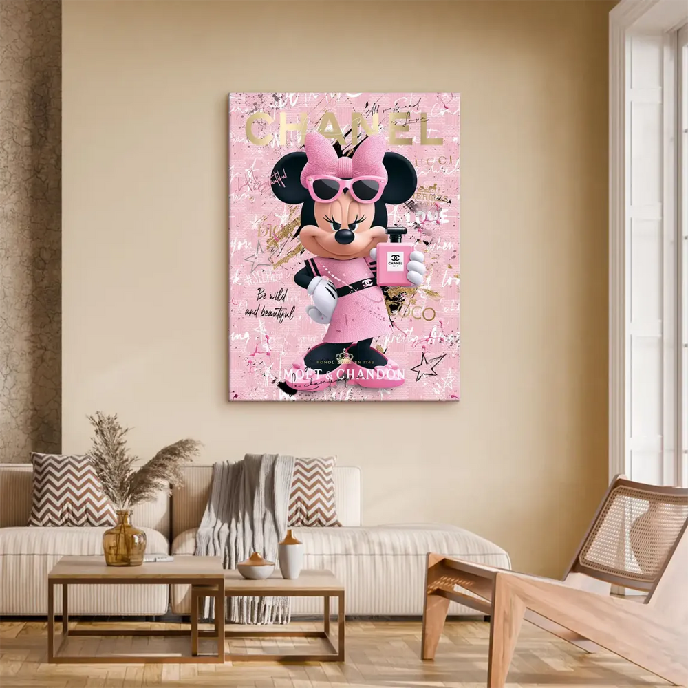 Minnie Mouse wall art with pink and gold palette, chic sunglasses, and a luxury-inspired background