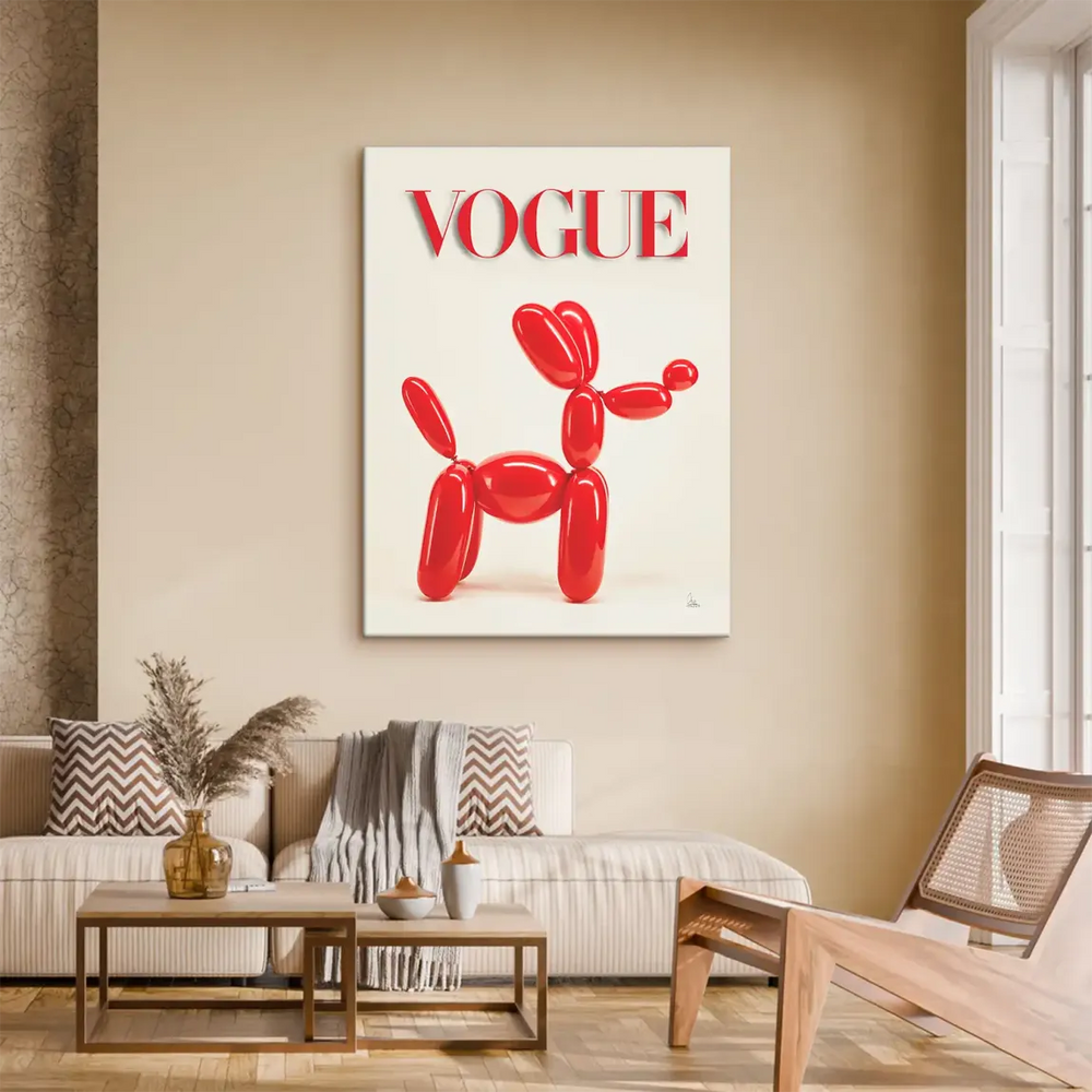 Red balloon dog sculpture reminiscent of Jeff Koons under Vogue branding