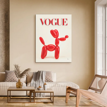 Red balloon dog sculpture reminiscent of Jeff Koons under Vogue branding