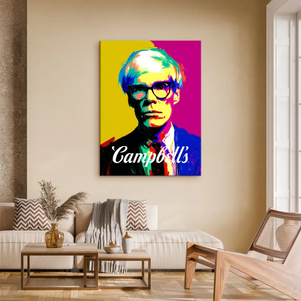 High-contrast pop art canvas featuring a Campbell's logo and Warhol-style portrait