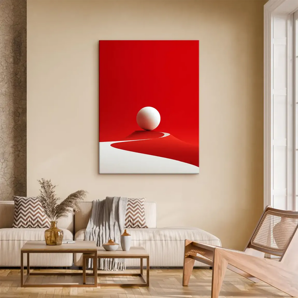 Minimalist red and white abstract wall art with a white path