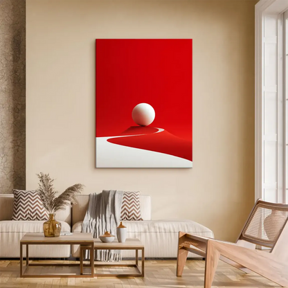 Minimalist red and white abstract wall art with a white path