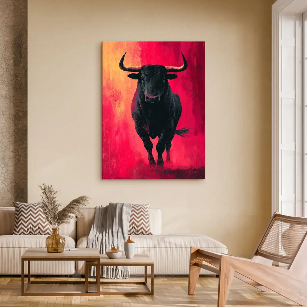 Expressionistic bull canvas art with dramatic color contrasts