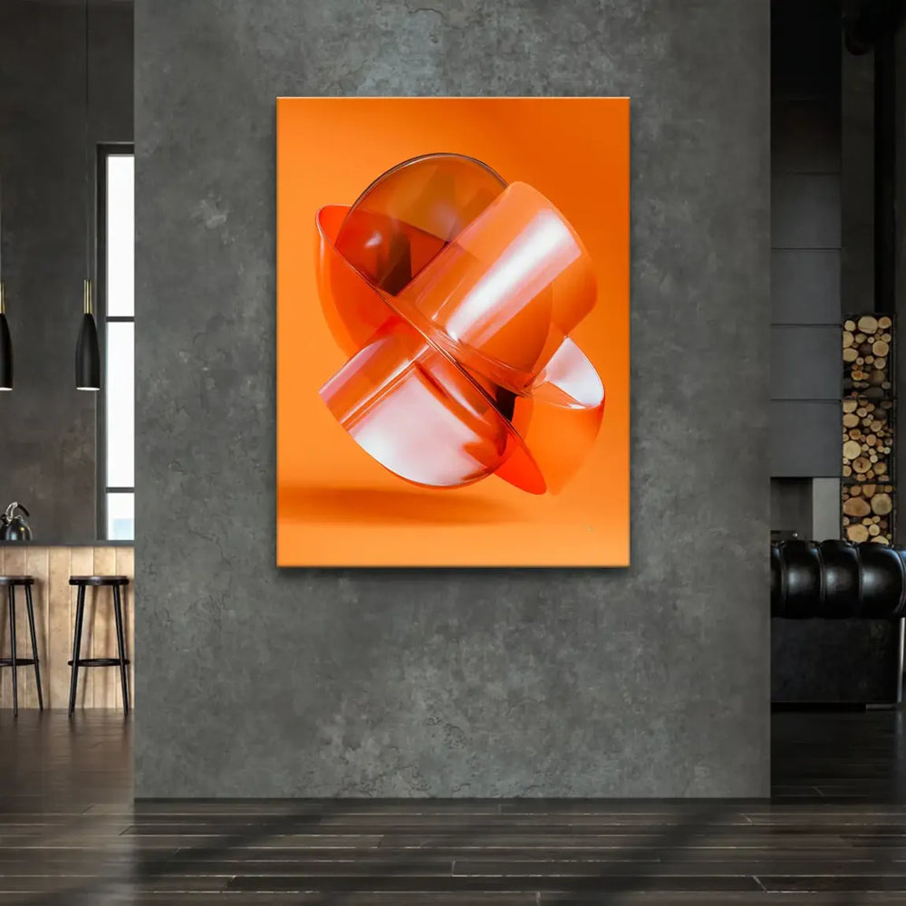 Modern abstract painting featuring glass-like orange and amber forms and light reflections