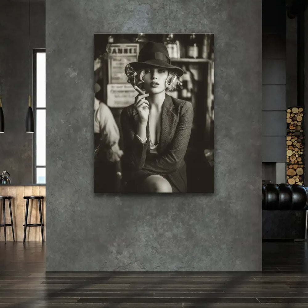 Monochrome close-up highlighting the bold fashion and enigmatic expression of the woman.