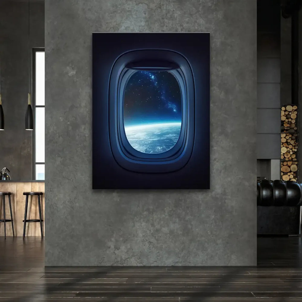 Blue horizon and space nebula depicted on a canvas wall piece