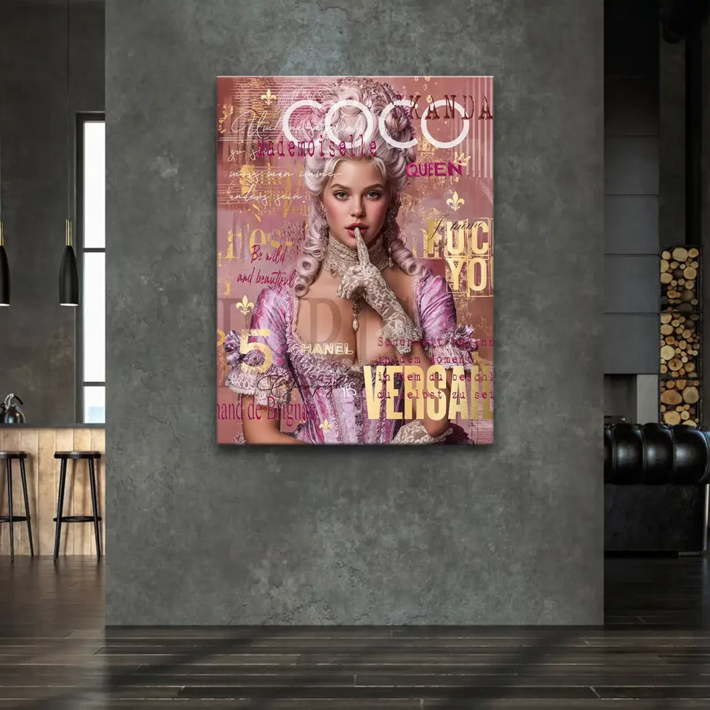 Portrait of a woman in a pink Rococo gown with a finger to her lips on a bold canvas