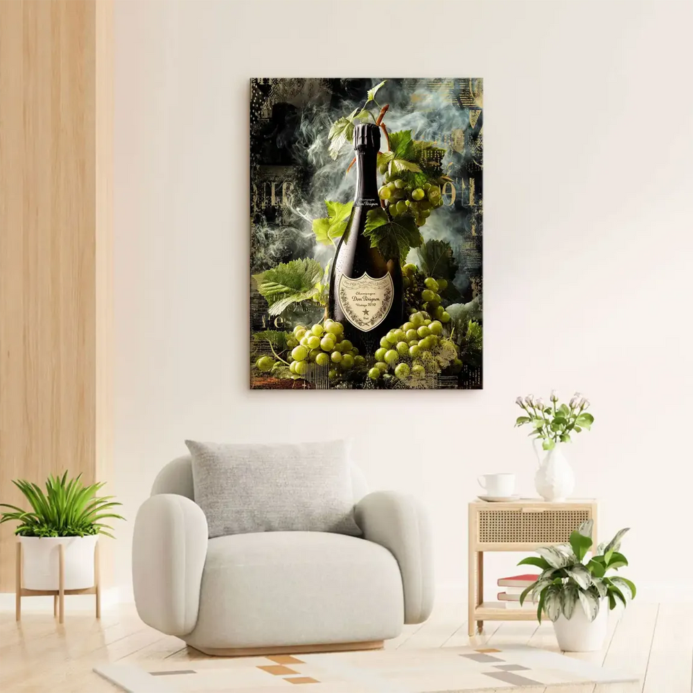 Close-up of grape leaves and gold accents on a contemporary canvas print