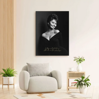 Three-quarter view of Sophia Loren in an off-the-shoulder gown, classic Hollywood glamour