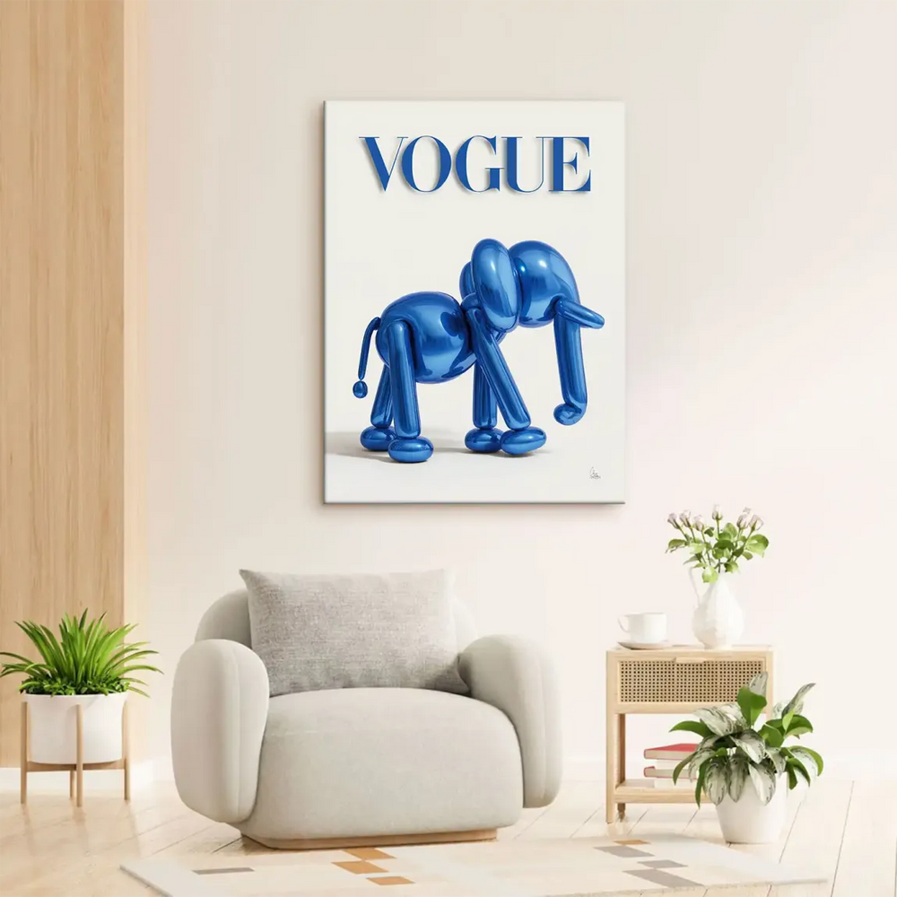 Blue balloon elephant modern wall art against clean white backdrop
