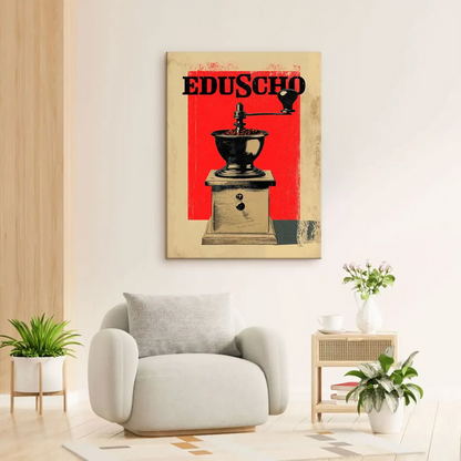 Retro advertising-style wall art featuring a coffee grinder and the EDUSCHO logo in black.