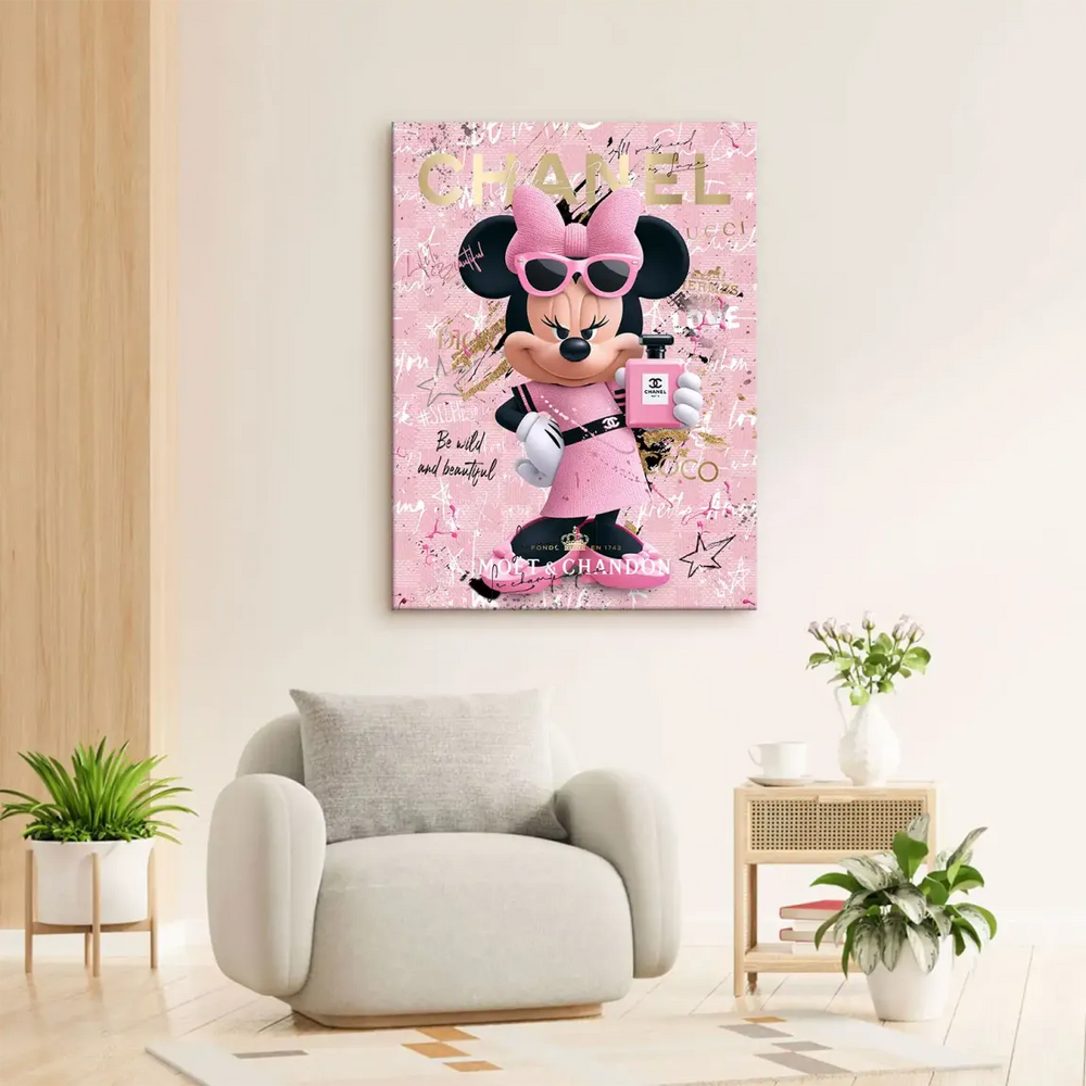 Contemporary Minnie Mouse canvas art suitable for glam interiors in pink, black, white, and gold