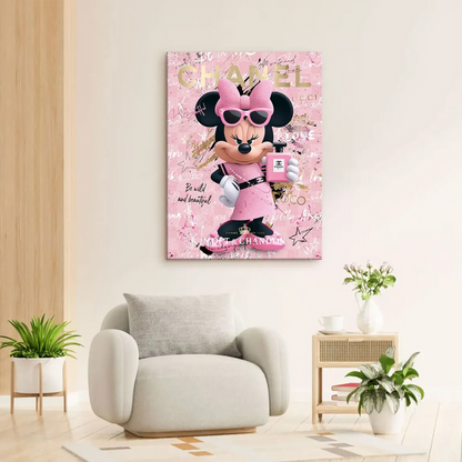 Contemporary Minnie Mouse canvas art suitable for glam interiors in pink, black, white, and gold