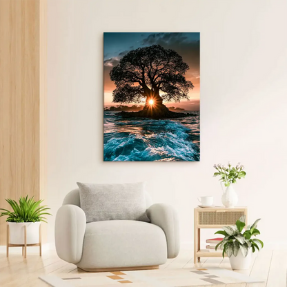 Sunburst through tree trunk with orange and yellow sky