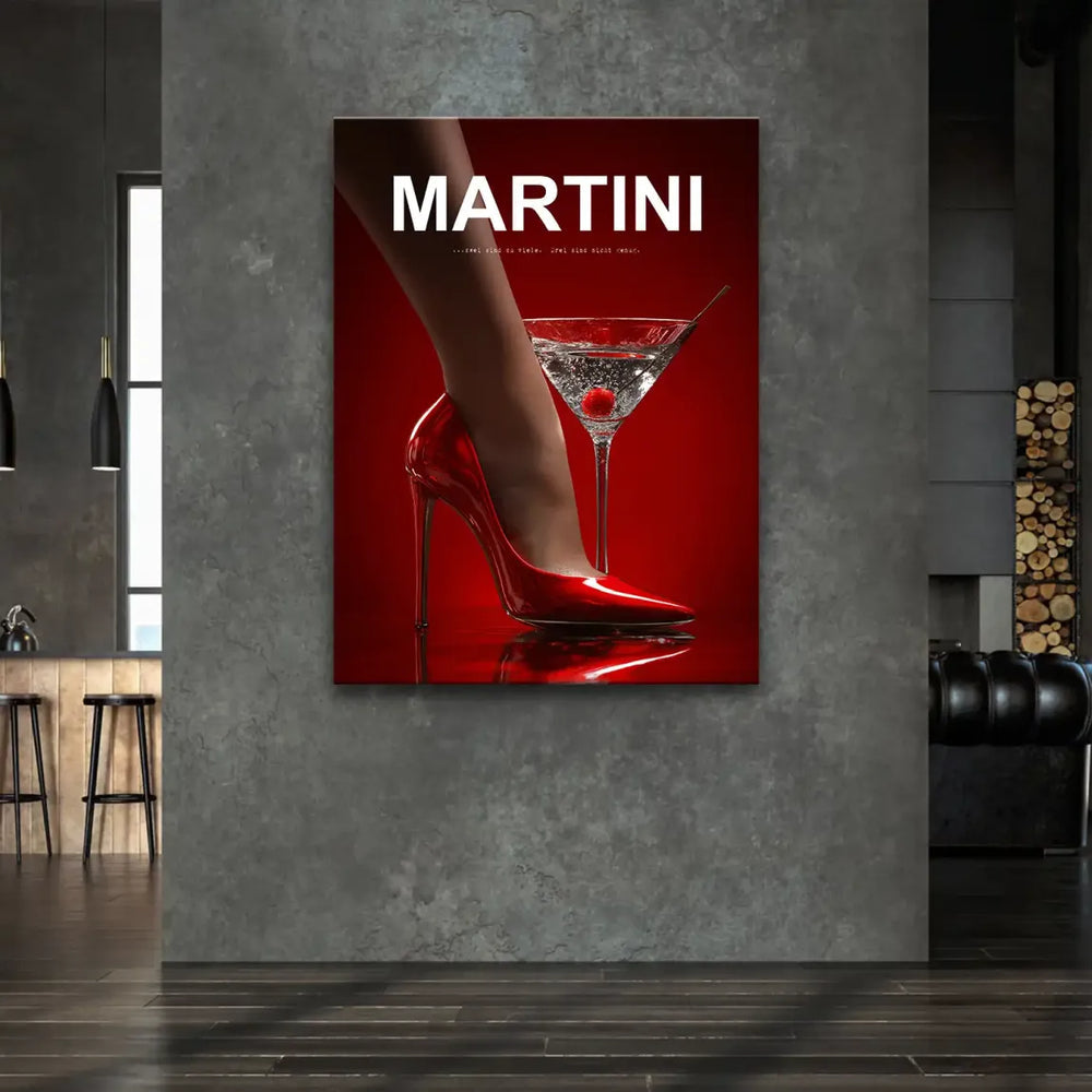 Red and white fashion wall art featuring a glossy stiletto, martini glass, and German tagline on a reflective red backdrop.
