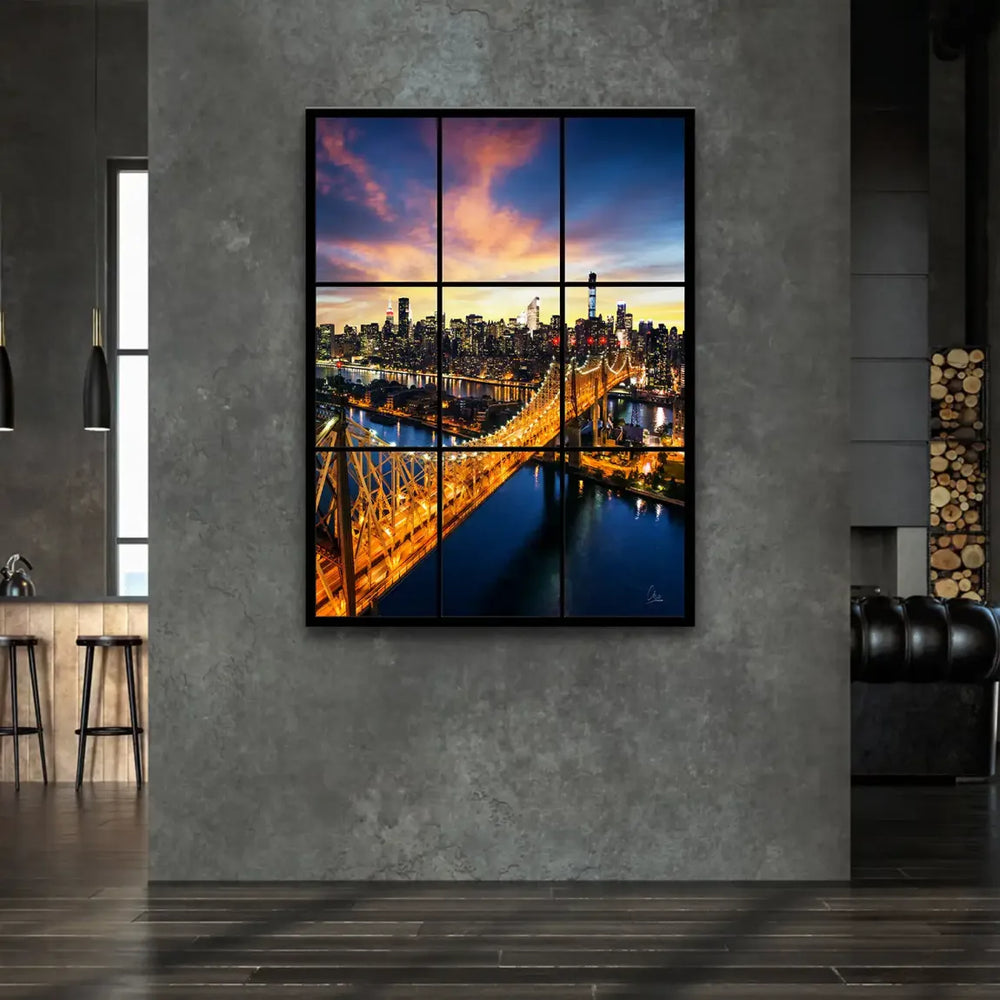 Urban wall art featuring a modern window-grid view of Manhattan