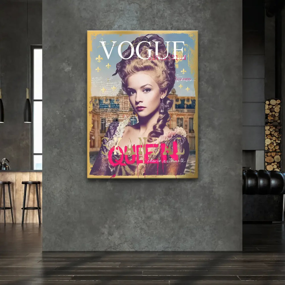Luxurious canvas artwork blending Rococo elegance with bold street art in blue, gold, purple, and pink tones.