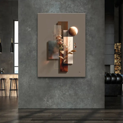 Close-up of translucent rectangular panels with interwoven dried leaves on taupe and beige background.