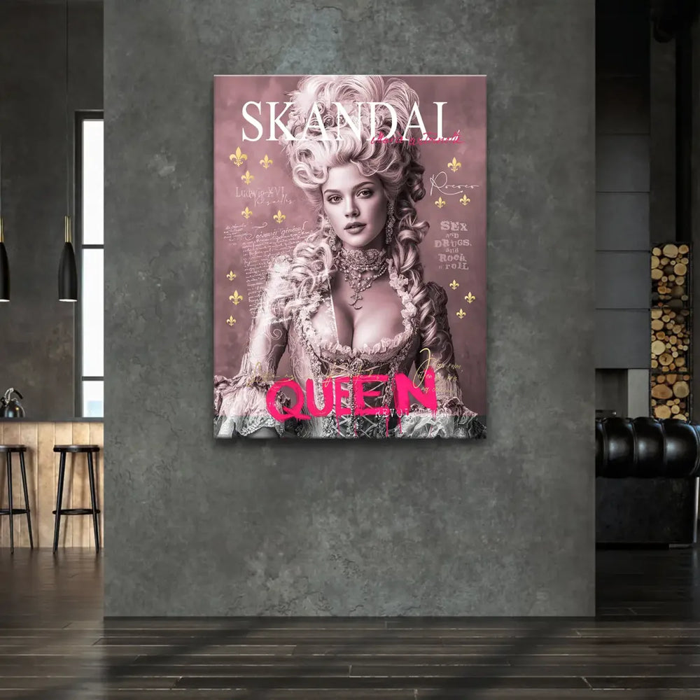 Central portrait of a regal queen in gold and pink palette with overlay text and fleur-de-lis elements