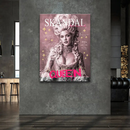 Central portrait of a regal queen in gold and pink palette with overlay text and fleur-de-lis elements